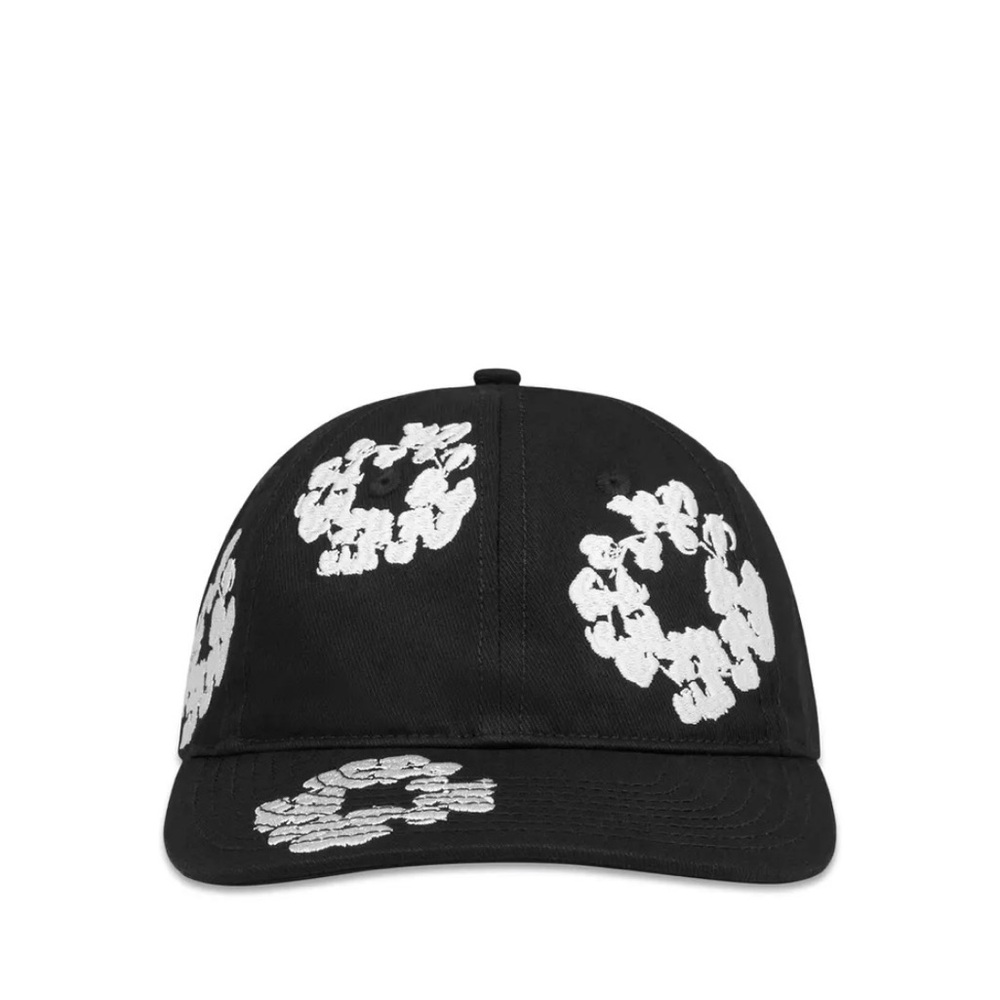 Black Cap with White Floral Accents